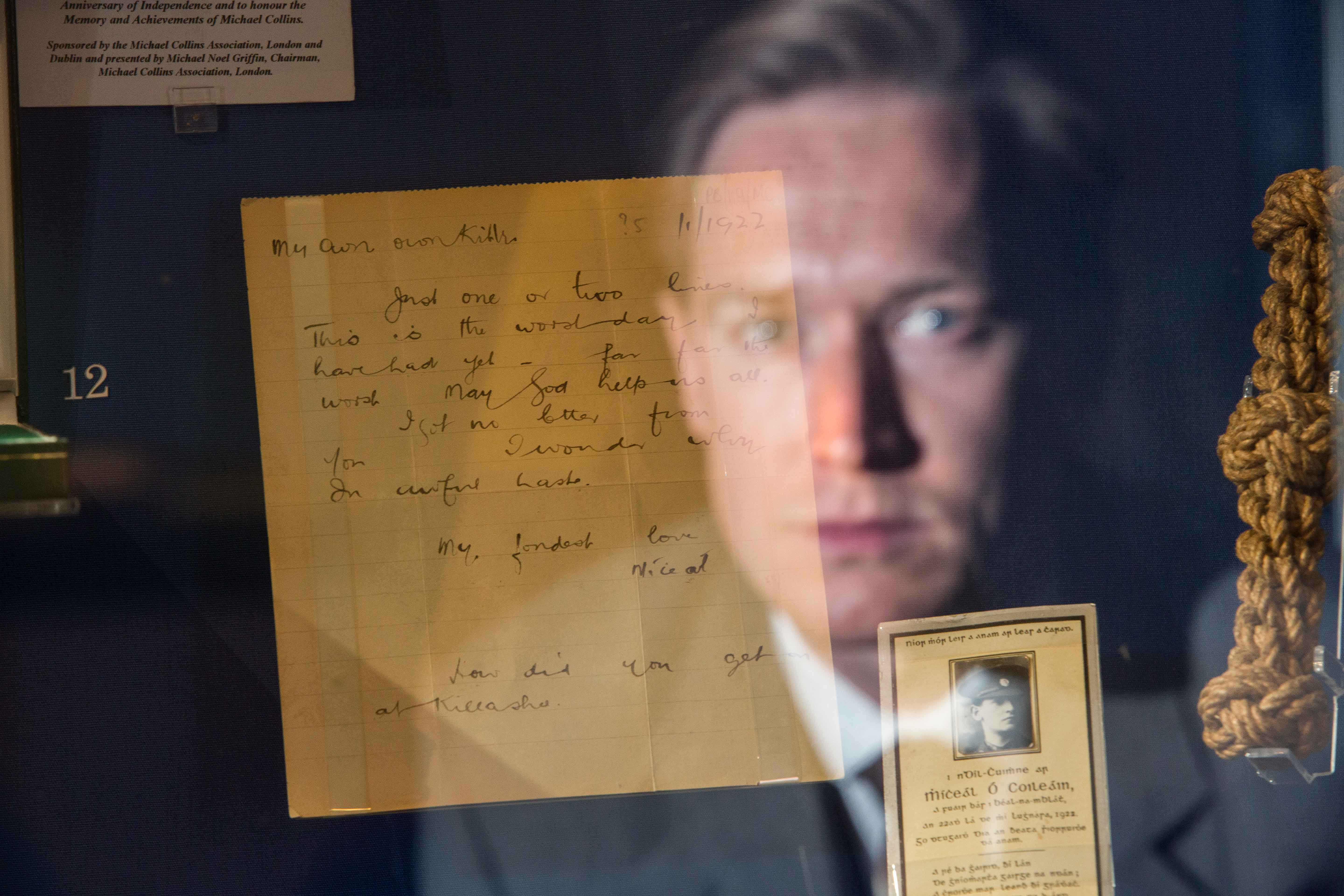 DKANE 16082016 REPRO FREE Dominic MacHale, who plays Michel Collins in "A Great Arrangement” which opens at the Everyman Theatre on Monday, August 22nd, the 94th Anniversary of Collins’ Assassination, reads the original letters between Collins and Kitty Kiernan in Cork City Museum. The play draws from the correspondence between the famous lovers. “A Great Arrangement” will be at the Gaiety Theatre, Dublin, for one week only from September 12th. Pic Darragh Kane