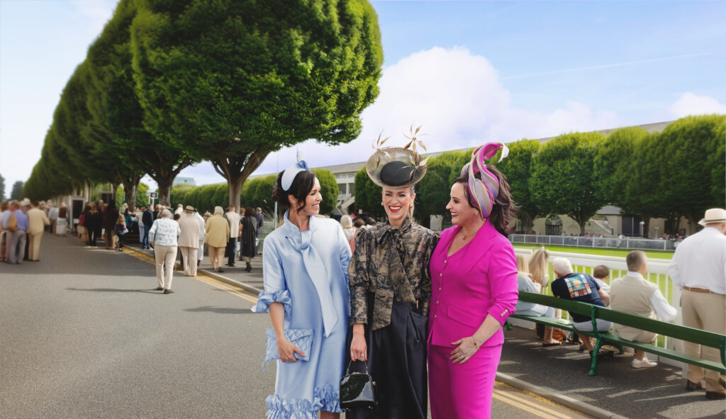 Three women in eye-catching fashion and unique hats attending Ladies Day at the Dublin Horse Show.